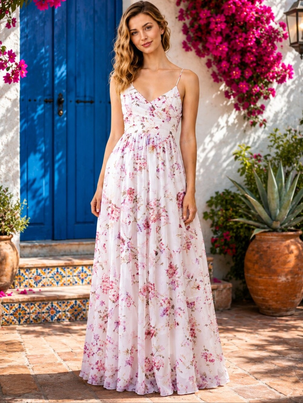 Ever After Pink and White Backless Floral Chiffon Maxi Dress